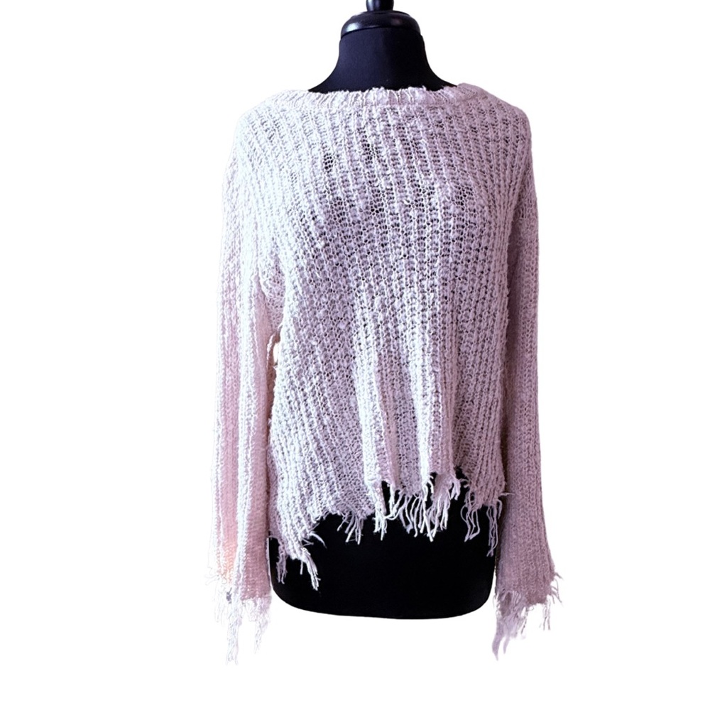 VERY J Cozy Cream Loose Stitch Sweater Distressed Chewed Raw Hem Size Large